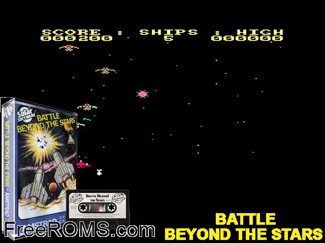 Battle Beyond The Stars (UK) (1985) [h2] Amstrad CPC game showing 3D box cover and gameplay screenshot